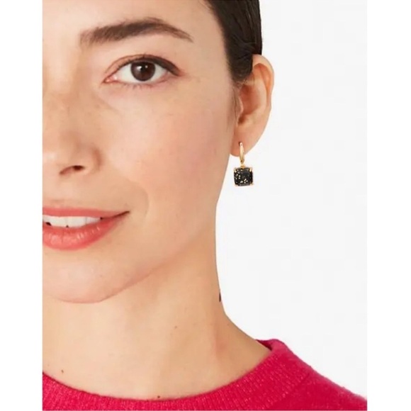 KATE SPADE • Gold Squared Away Black Glitter Huggies Hoop Earrings - Picture 2 of 5